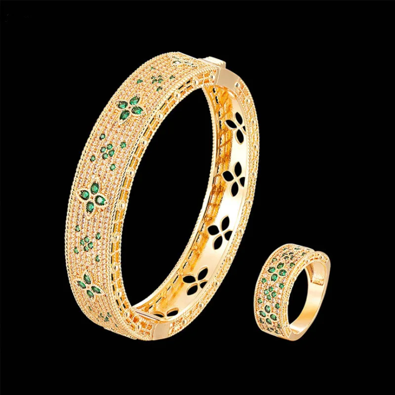 

Bobokiki Jewelry Fashion Classic Hollowed Four-Leaf Flower Titanium Steel Micro-Inlaid AAA Zircon Creative Bracelet Ring Set