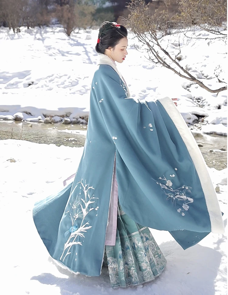 Manteau d'Hiver de la ociastie Ming Hanfu, Grande Taille, Brodé de Fourrure