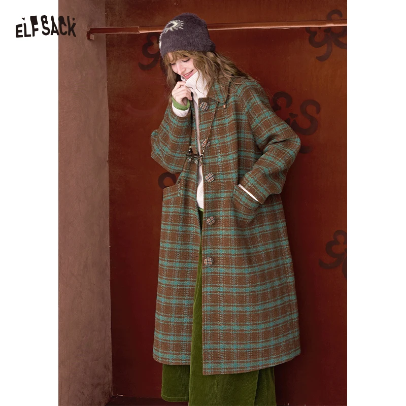 ELFSACK Women's Vintage Plaid Wool Coat with Turn‑down Collar, Oversized Long Outerwear