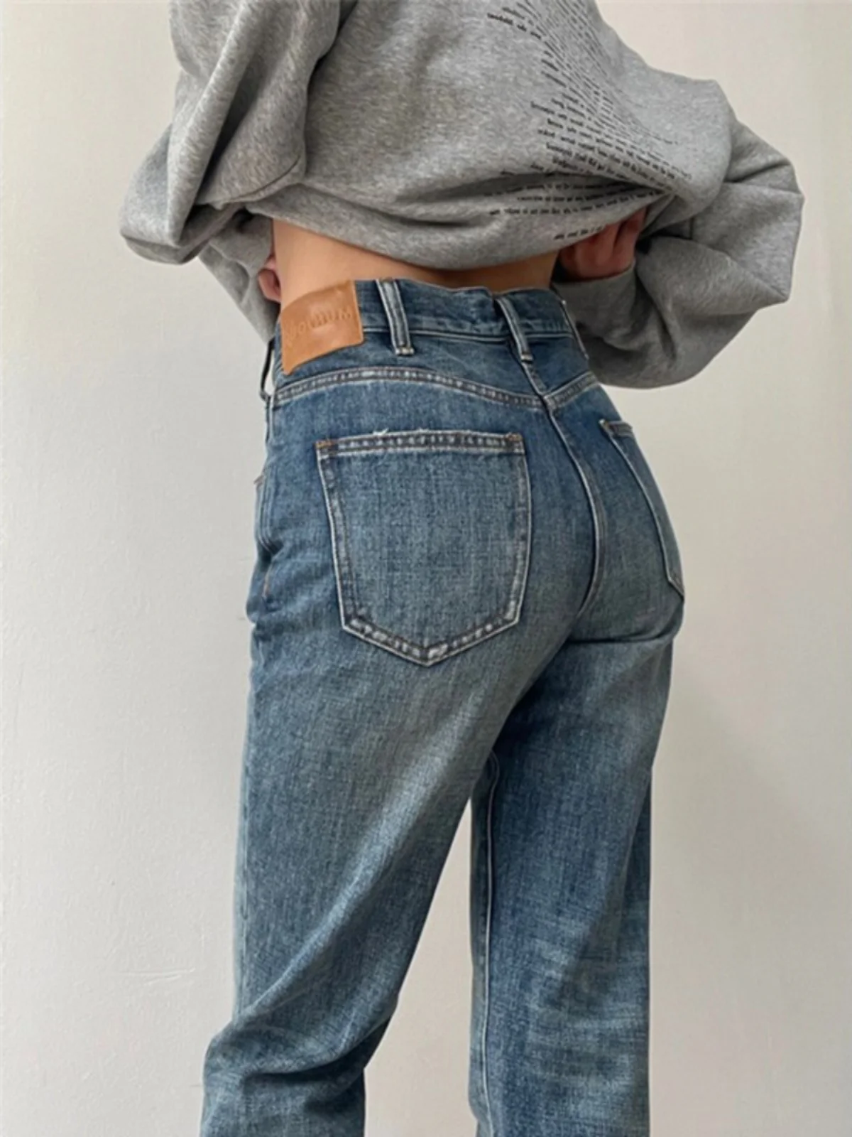 

High Waist Straight Leg Denim Jeans Women plus Size Faded Blue Retro Bell Bot Trousers Autumn Faion plus Size Slim Fit