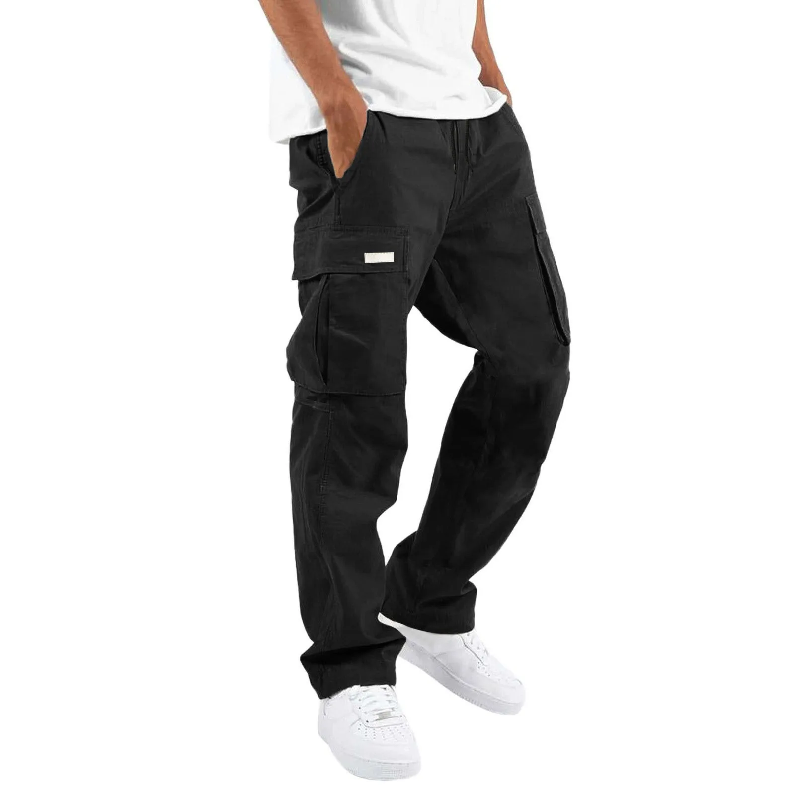 Men's Plus-Size Cargo Pants S-5XL Solid Color Multi-Pocket Elastic Waist Drawstring Long Pants Men's Street Fashion Trend Pants