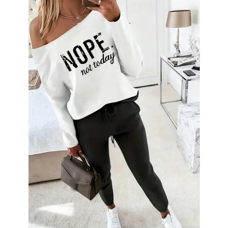 

Plus Size 1XL-5XL Women's Fashionable Letter Printed Long Sleeved T-shirt Top & Solid Color Pants Two-piece Set