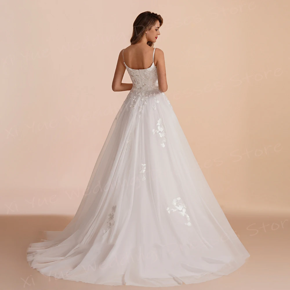 Vestidos de casamento feminino em linha, graciosos apliques de renda, vestidos de noiva, alças esparguete, sem mangas, modernos, clássicos