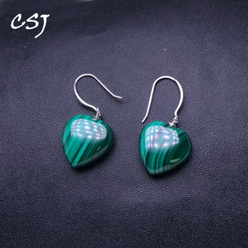 

CSJ Elegant Natural Malachite Dangle Earring Sterling 925 Silver Gemstone for Women Party Wedding Jewelry Gift