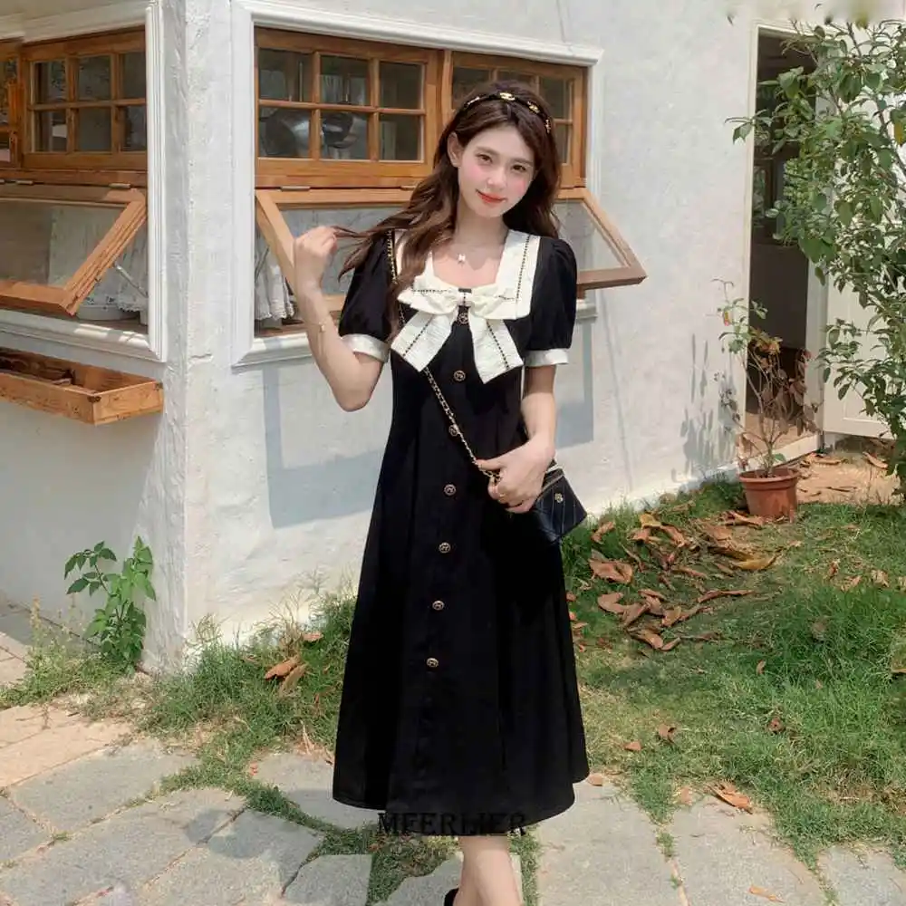 Plus Size 6XL 150KG Summer Dress For Women Short Sleeve Loose Vintage Dresses Ladies Casual Large Bow Neck Black Sweet Dress