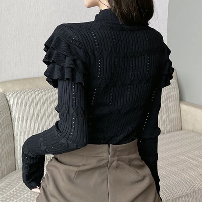 Women Trendy Vintage Ruffle Hollow Button Chic Sweet Knitted Sweater Female Elegant White Black Long Sleeve Slim Basic Pullovers