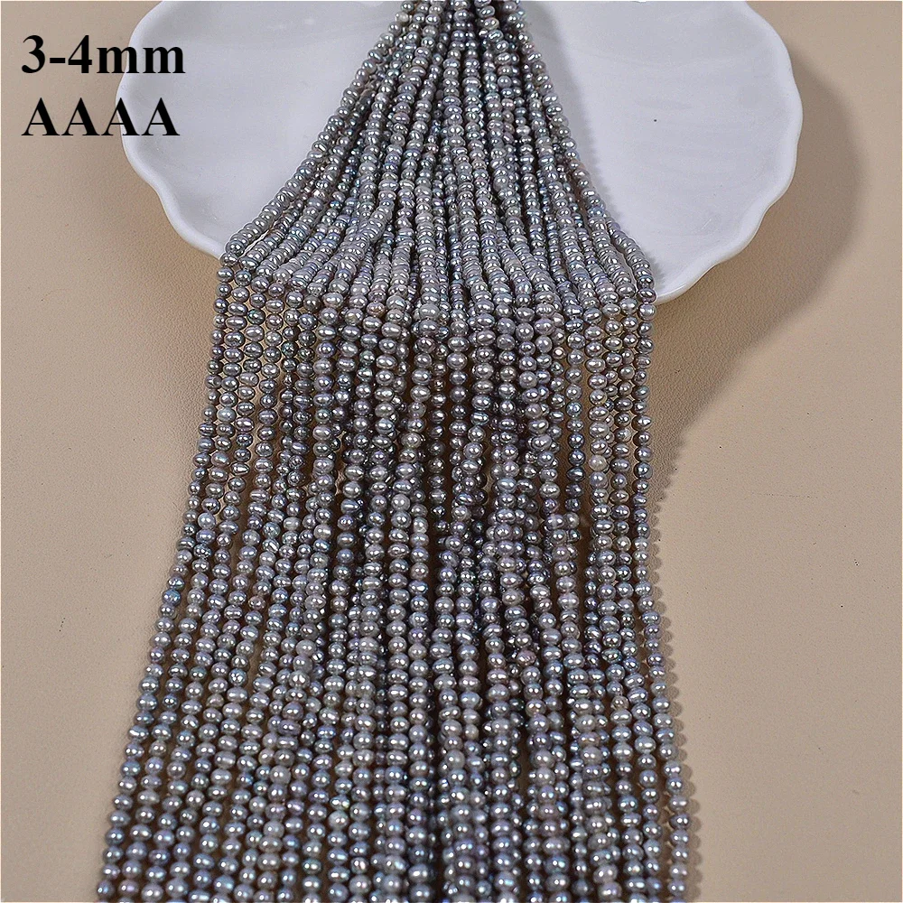 3-4mm 4A Natural 100% Freshwater Gray Flat Round Pearl Isolated Loose Bead Jewelry Make DIY Necklace Bracelet Accessories 36cm