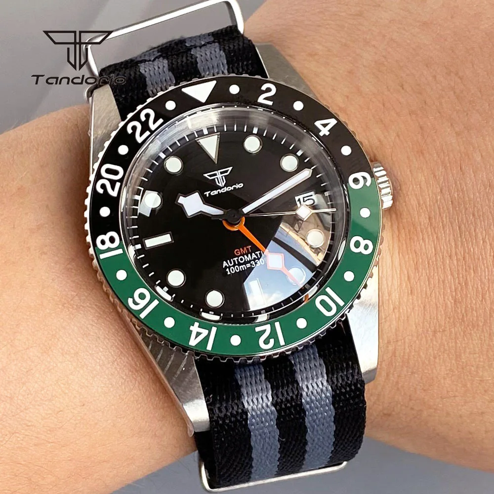Tandorio GMT 38mm Automatic NH34 Men\'s Watch Sapphire 20BAR Diver Date Mechanical Watches 24H Bezel Stainless Steel Wristwatch
