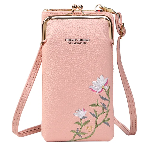 Damska długa haftowana torba na telefon komórkowy kobiece paski na ramiona torebka torba typu crossbody portfel damski portmonetki etui na karty
