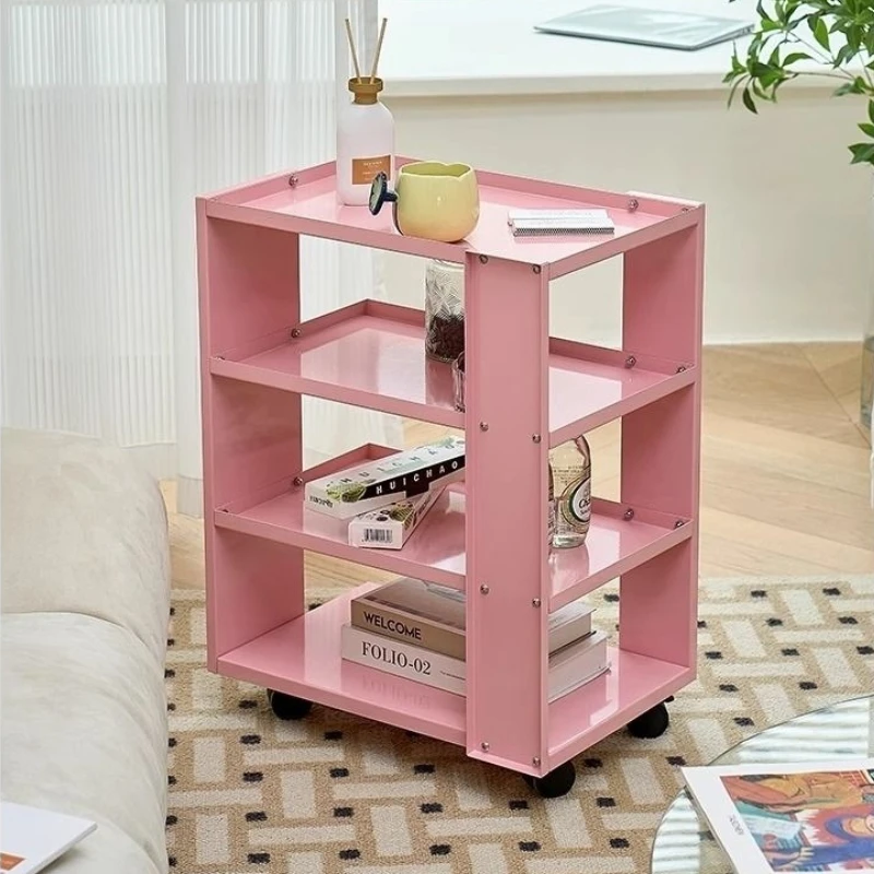 Pink Multilayered Side Cabinet Living Room Mobile Iron Storage Rack Multifunctional Sweet Table Versatile Scene Room Desk
