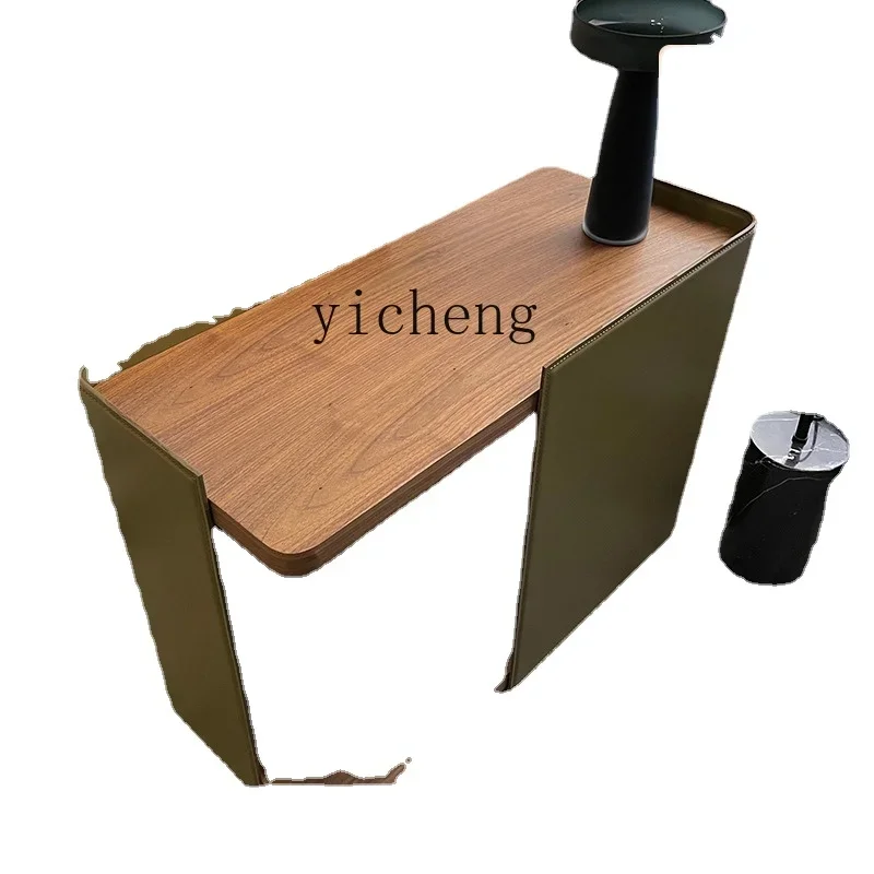 

Minimalist Sofa Side Table Saddle Leather Double-Layer Light Luxury Walnut Storage Rack