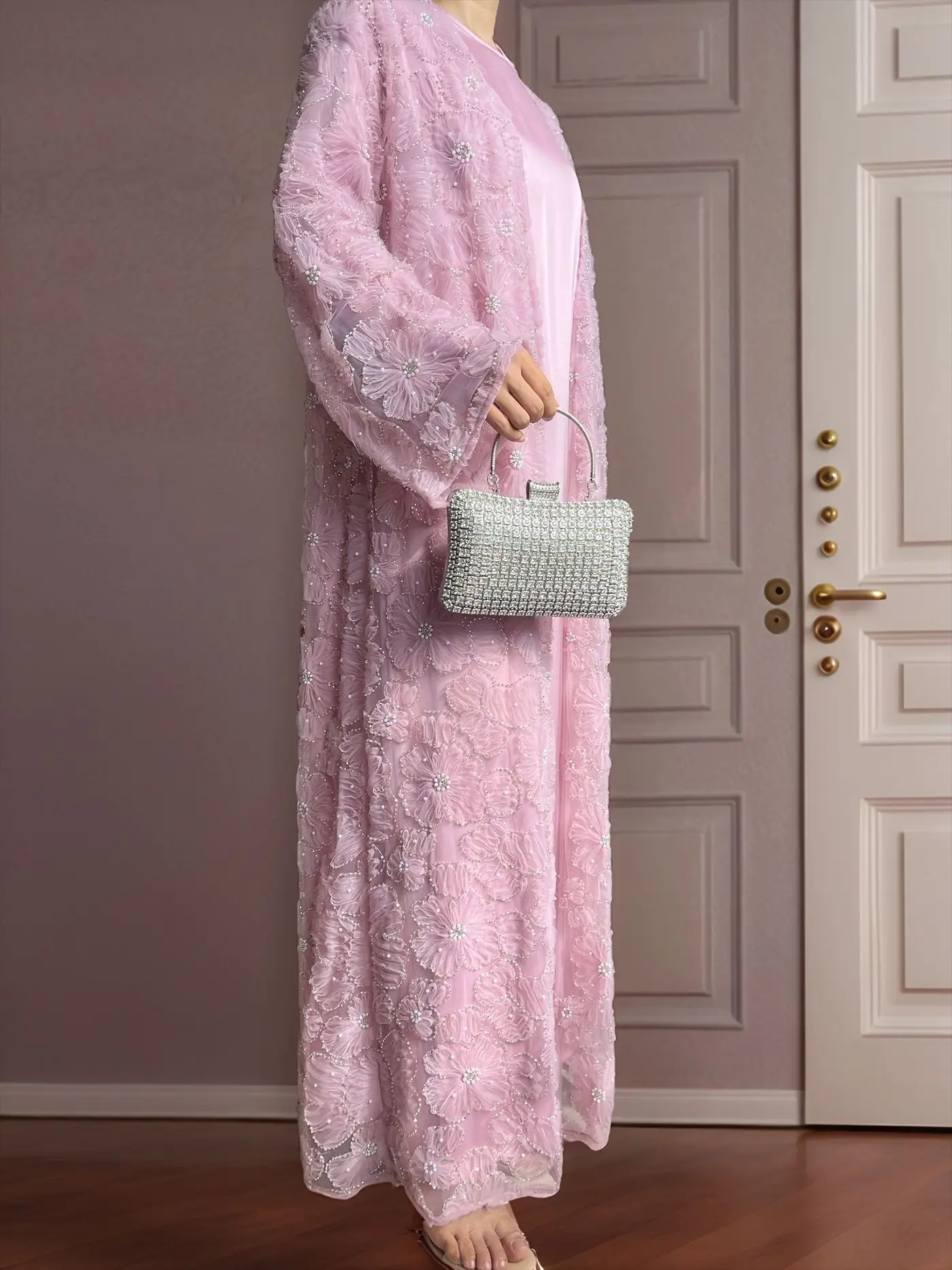 Luxury Evening Party Eid Muslim Women Abaya Dress Set Hijabi Suits-Dreamy Flower Beaded Open Abaya, Long Sleeves Inner Dress