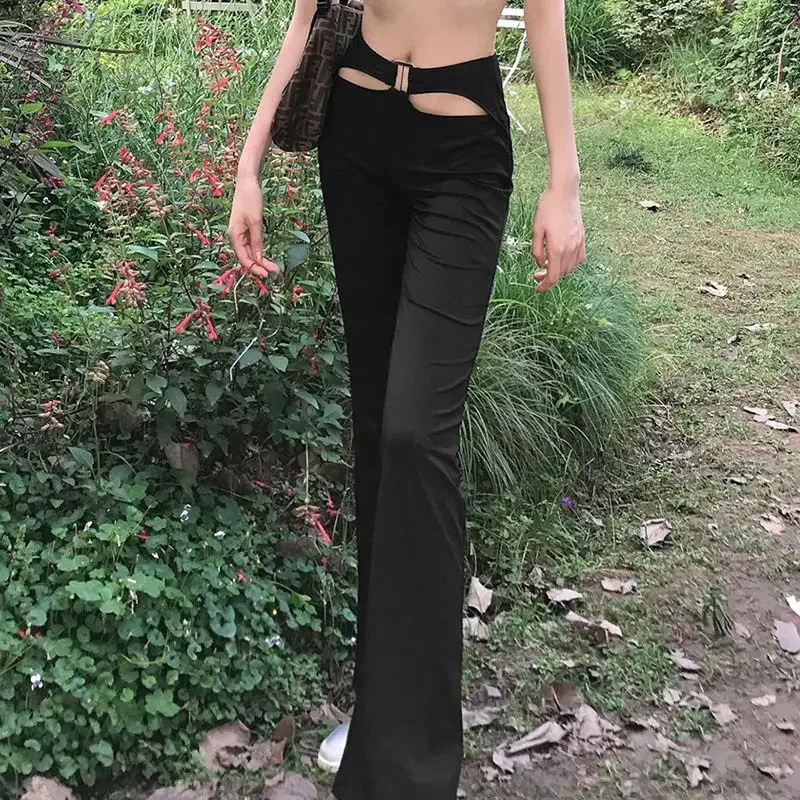 Hollow Out Black Flare Pants Women Skinny Sexy Temperament Fashion Ladies Casual Vintage Pure Streetwear All-match Trousers LL06