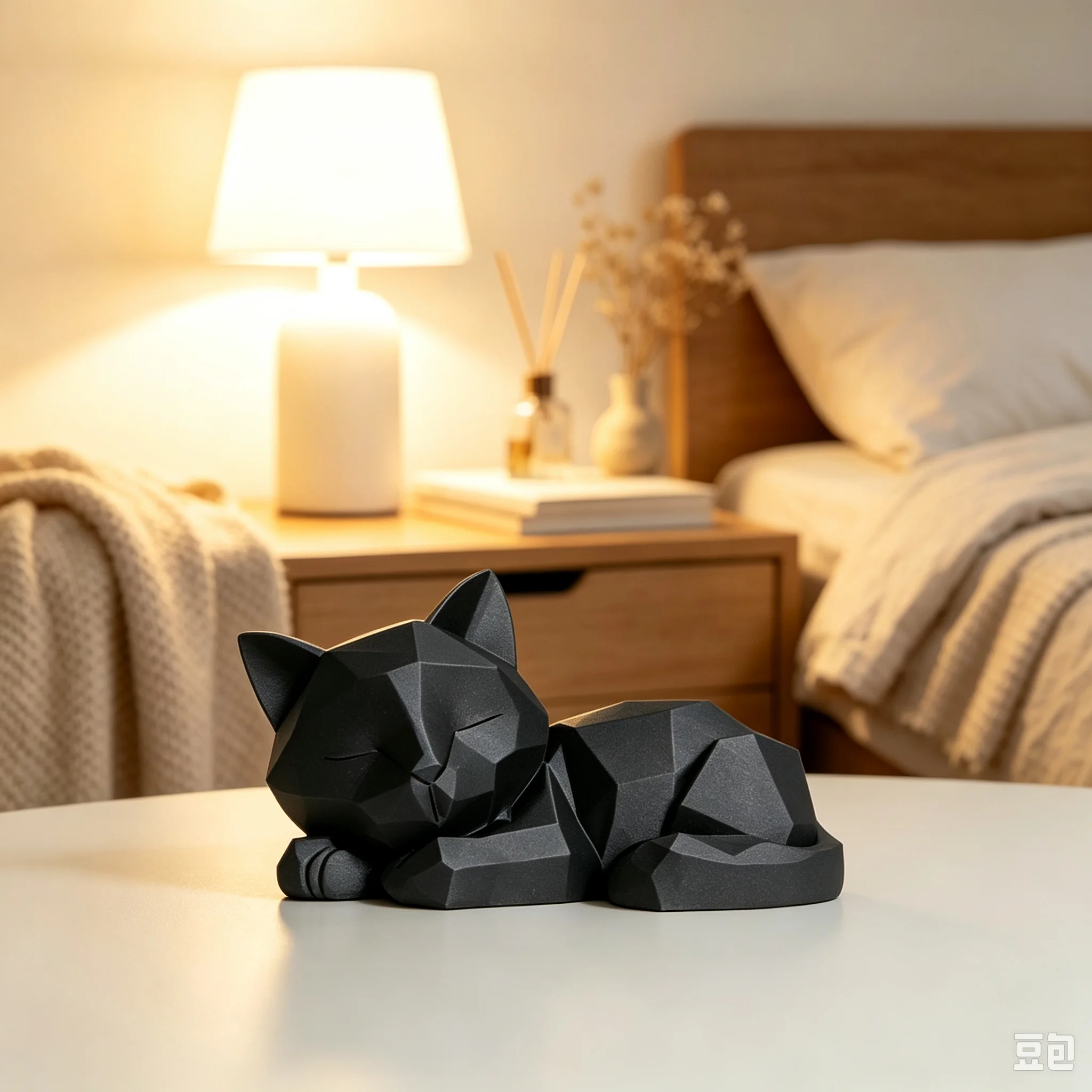 3D Printed Geometric Polygon Sleepy Cat Statue, Minimalist Faceted Kitty Ornament for Desktop Display