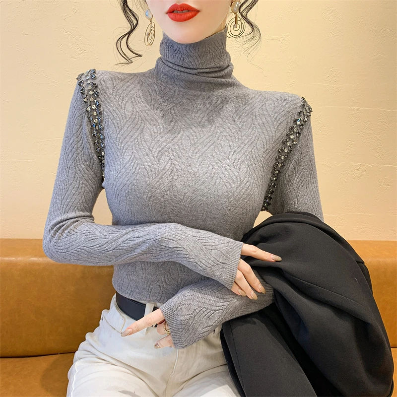 Gola alta diamante camisola de malha 2025 outono inverno manga longa pulôveres femininos topos elegante moda casual malhas