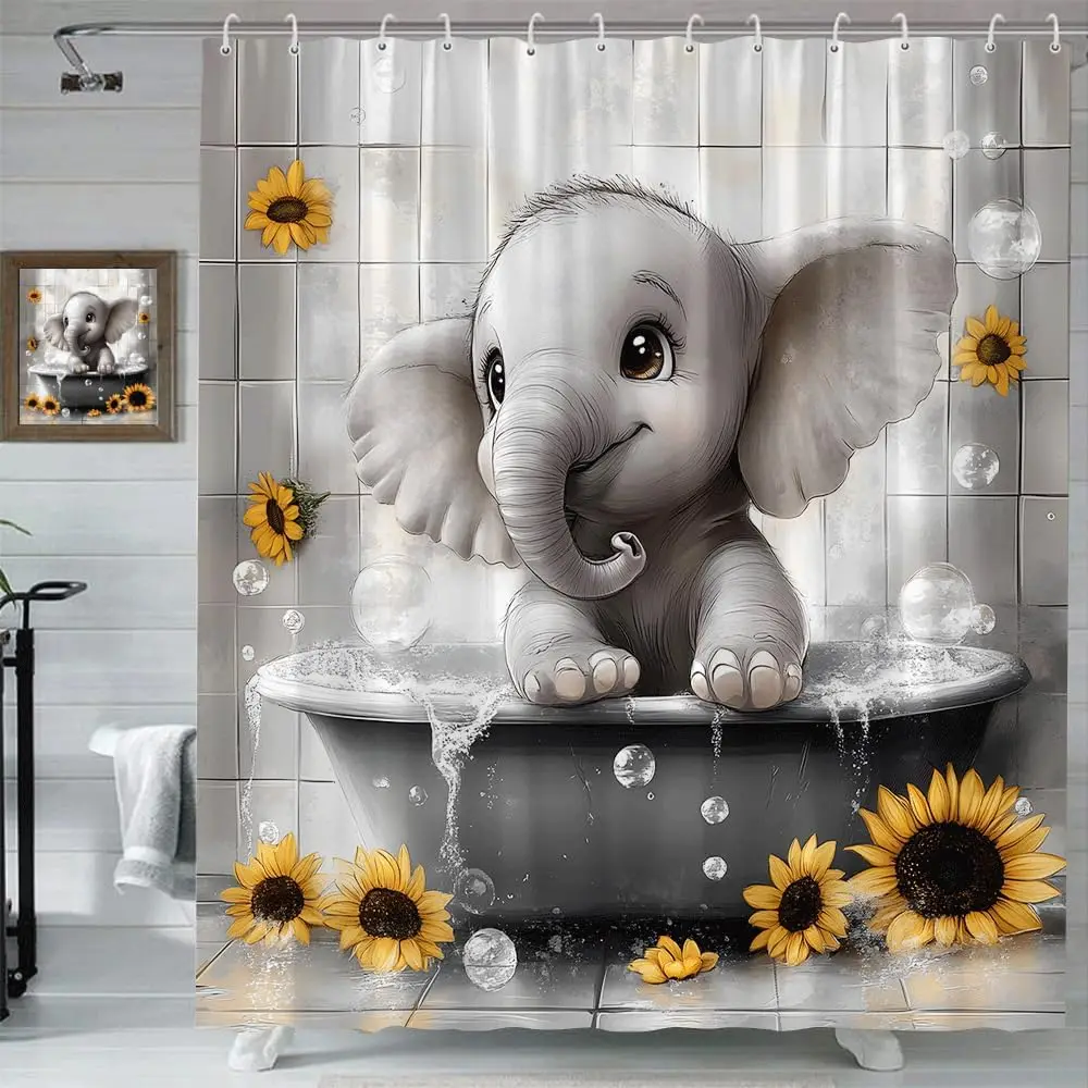 

Cute Baby Elephant Shower Curtain Funny African Wildlife Elephant Polyester Fabric Bathroom Curtain with Hooks