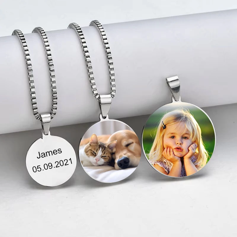 Auxauxme Custom Photo Necklaces Women Men Stainless Steel Personalized Laser Engrave Color Picture Logo Text Pendant Jewelry