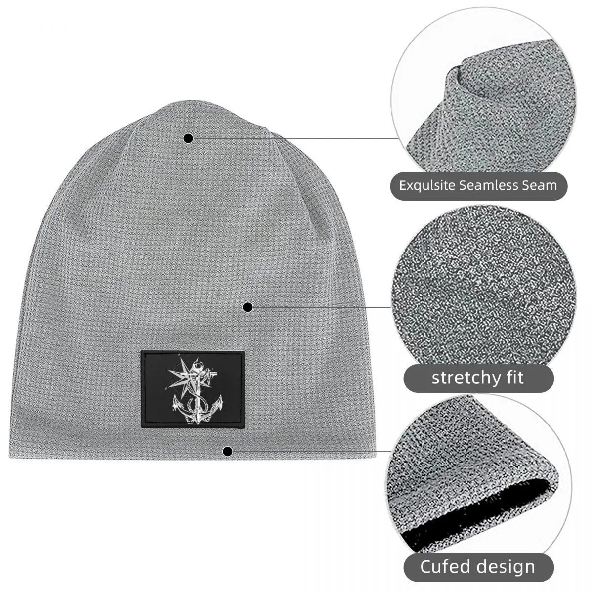 Nautical Compass Captain Anchor Boat Waffle Knit Fleece Lined Beanie with PU Leather Patch Unisex Warm Winter Soft Cap