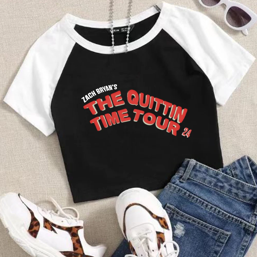 Zach Bryan The Quittin Time Tour 2024 Crop Shirt Streetswear O-Neck Navel exposed shirt Fans Gift