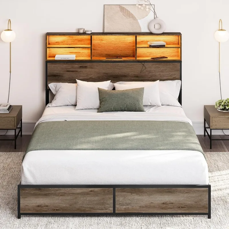 Queen Size Bed Frame with Storage Headboard, Sturdy Metal Platform Bed Frame with RGB LED Light and Ultra-Fast Charging Station