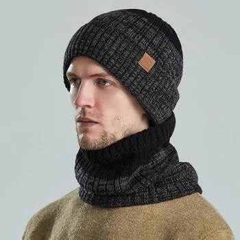 Écharpe et chapeau d'hiver en peluche pour hommes, bonnet Skullie Cap, bonnet couple, bord frisé, conception de bloc tournant, optique chaude, 2 pièces