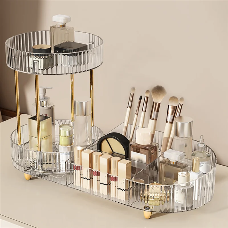Organizador de Maquillaje Giratorio 360° 2 en 1, Caja de Almacenamiento de Cosméticos Transparente, Bandeja para Perfumes, Soporte de Escritorio, Exhibidor Multifuncional para Tocador