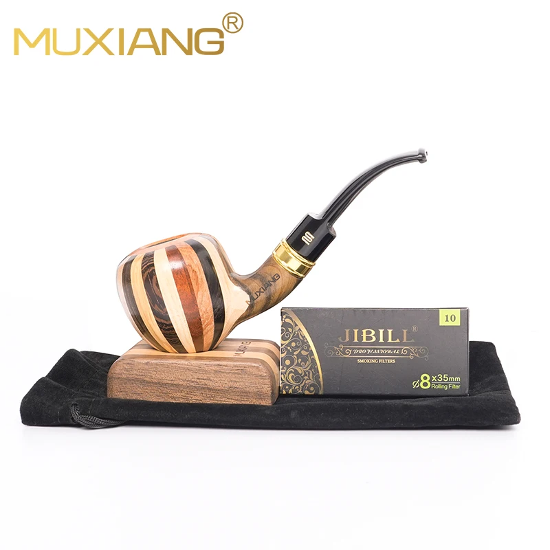 MUXIANG Intarsia Acorn Shaped Oak Smoking Pipe 9mm Solid Wood Tobacco Pipe Large Size With Pipe Stand