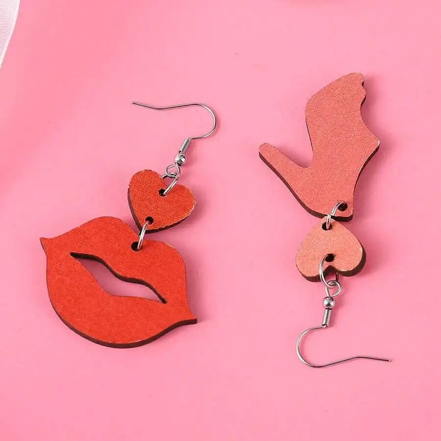

Red And Pink Wooden Dangle Earrings Featuring Lips And Heart Motifs For Women