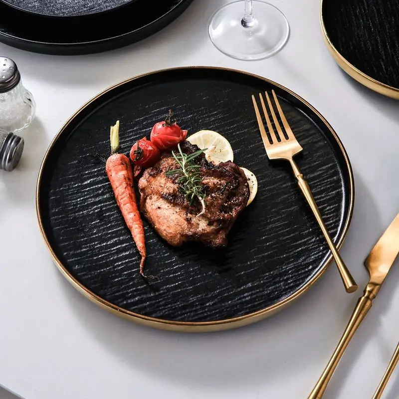 

European Gold Plating Quicksand Steak Plate Western Food Cutlery Household Frosted Flat Plate Salad Pizza Dish Kitchen Utensils