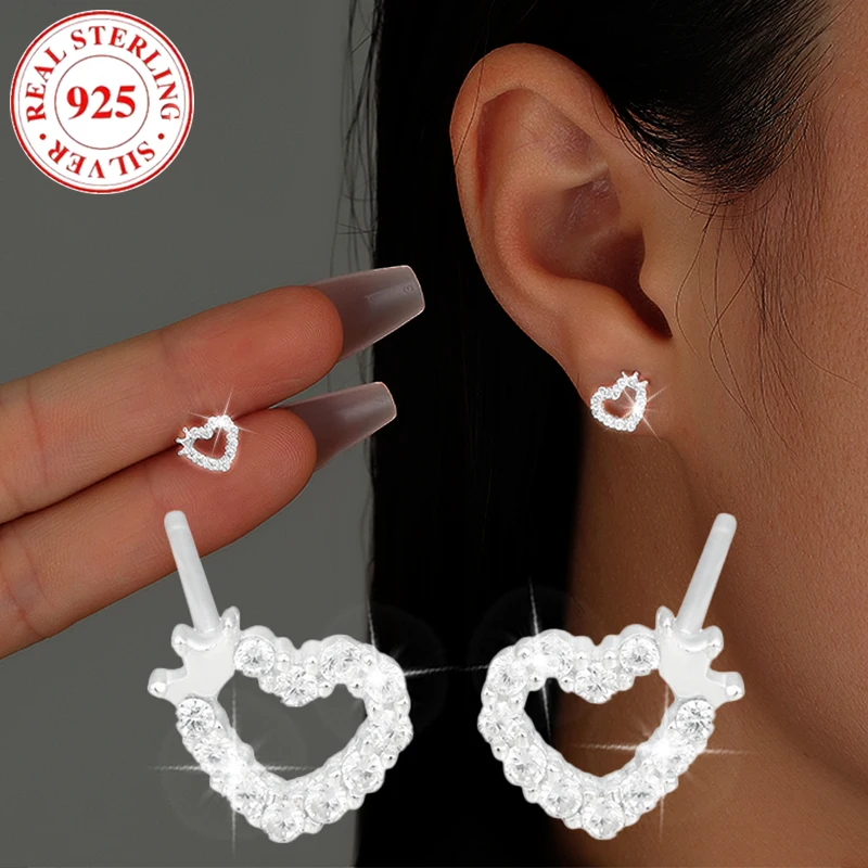 S925 pure silver crown hollowed out full diamond heart-shaped heart shaped earrings for women, low allergy, suitable for women's