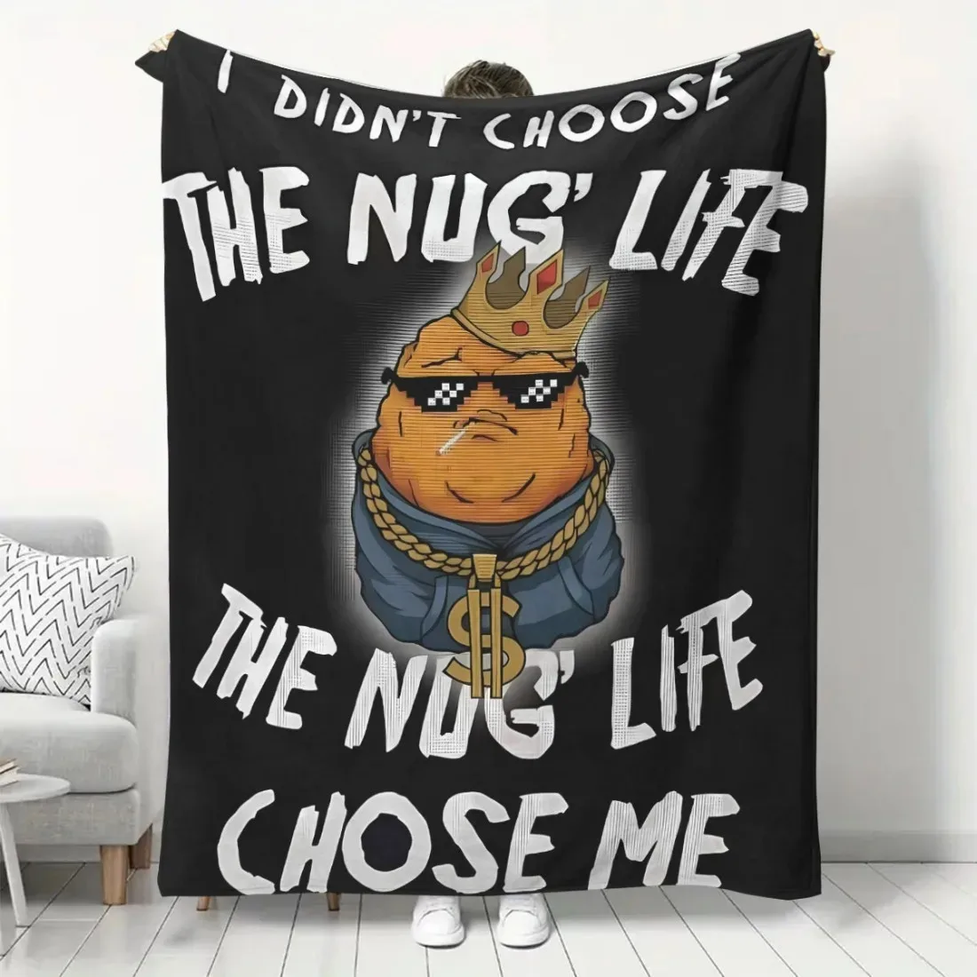 

Забавное фланелевое одеяло с изображением куриных наггетсов, мягкое плюшевое, на все сезоны, с юмористическим дизайном Nug Life и мультяшным рисунком курицы с короной