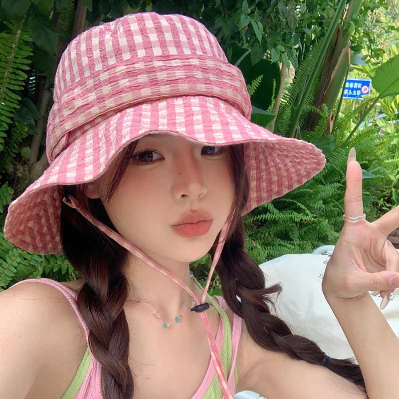 Vintage Pink Plaid Strap Bucket Hat Spring and Summer Korean Ins Fashionable Versatile Big Brim Sun Protection Bow Women's Caps view 3