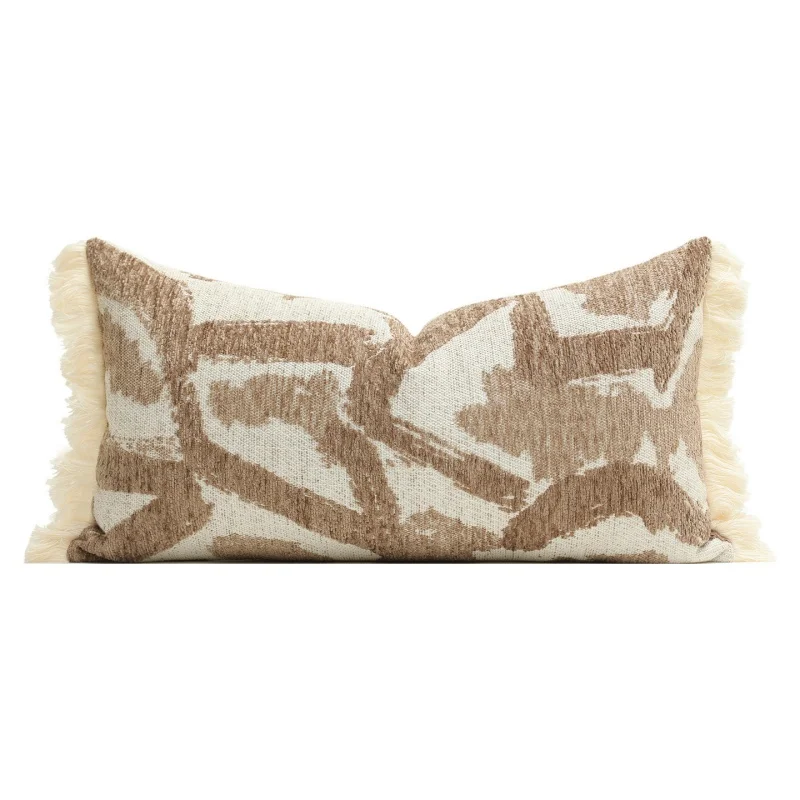 Boho Abstract Brushstroke Lumbar Throw Pillow Cover Textured Woven Beige & Tan Cushion Case Modern Decorative Pillows For Sofa