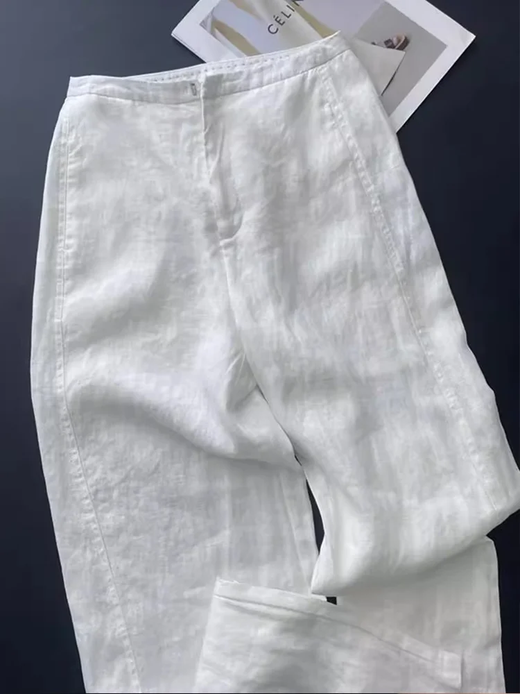 High Waist Straight Leg Linen Wide Leg Pants Women's Commute Style Summer 2026 Chic Simple Drapey Look Classic White