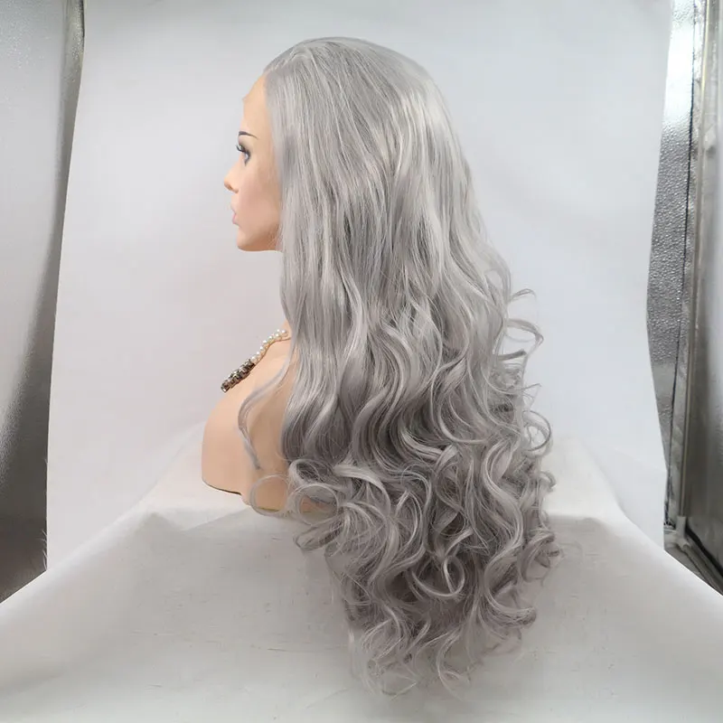 Silver Grey Deep Wave Hair Synthetic Lace Front Wigs High Quality Heat Resistant Fiber Hair Side Parting For Black Women Cosplay