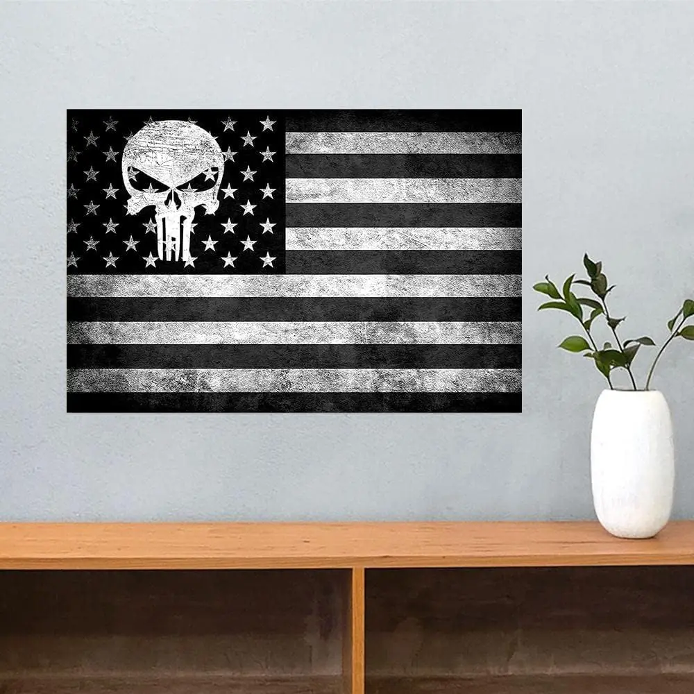 Punisher Skull Black American Flag Poster Old Vintage American Silver Punisher Metal Poster for Bar Cafe Shop Kitchen Bathr sign
