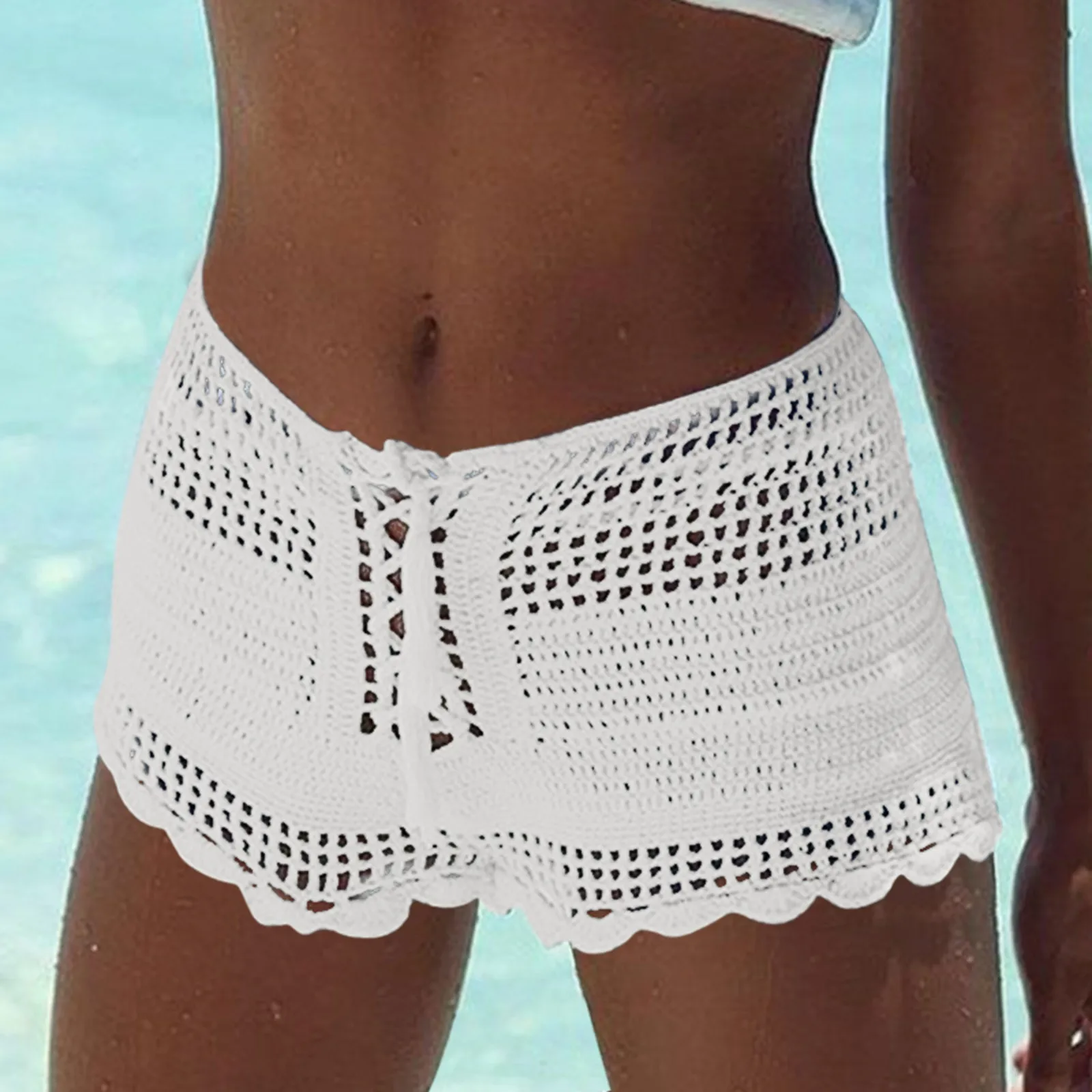 

Summer Solid Color Knitted Bikinis Women's Sexy Hollow Out Drawstring Beach Shorts Low Wasited Swimming Bottoms Bathing Suits