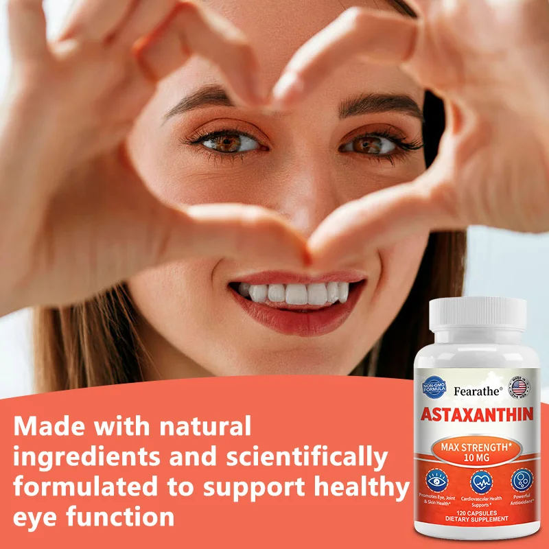 Astaxanthine 10mg, complément alimentaire antioxydant naturel, soutient la santé oculaire, de la peau et cellulaire, sans OGM, 30/60/120 capsules