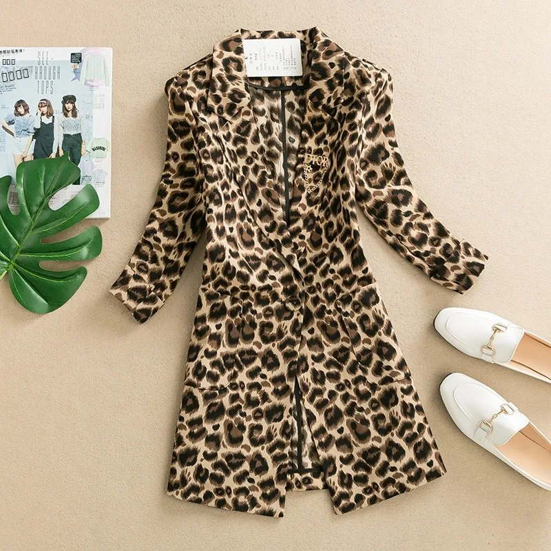 

Spring Summer New Sle Women's Slim Fit Leopard Print Midi Length 3/4 Sve ort Coat Casual Sle Faionable Top