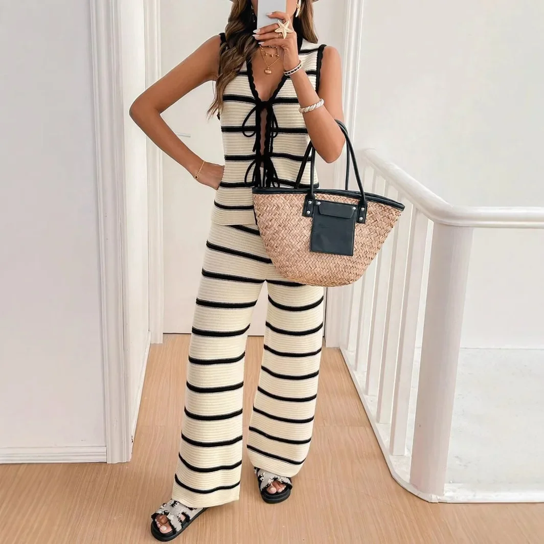 

Pant Set Women Two Piece Sets V Neck Matching Sets Knitted Tops Y2k Streetwear Elegant Wide Leg Long Pants High Waist Summer