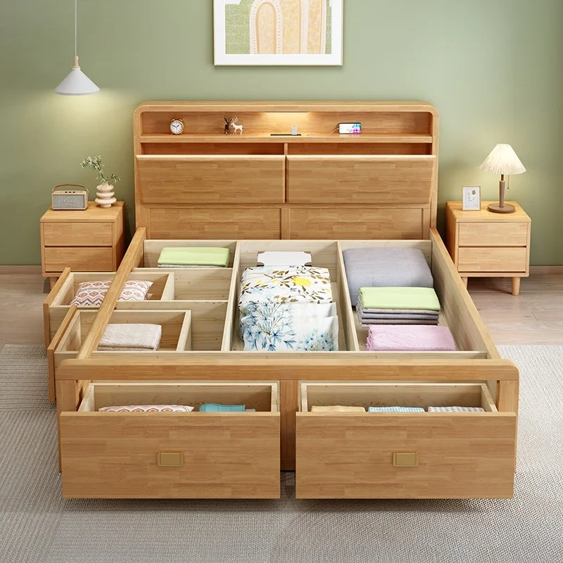 Cama Estofada Moderna Estilo Nórdico Queen/King Size com Gavetas Elevadas para Armazenamento a Vácuo para Quarto