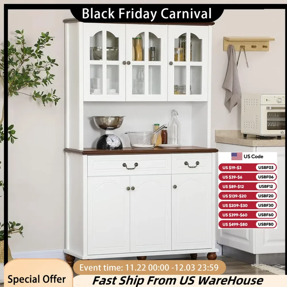 Kitchen Independent Storage Cabinet with Soft Closing Window Glass Doors, 2 Drawers and 3 Adjustable Shelves Kitchen Furniture