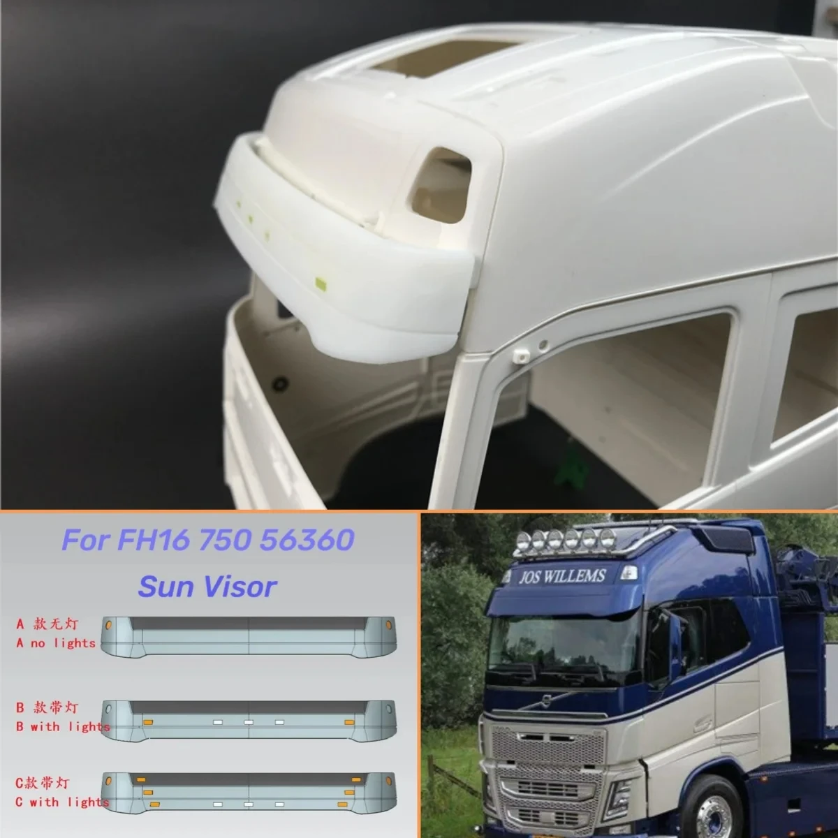 

1:14 Scale LED Simulation Sun Visor Roof Decoration for Tamiya RC Truck Tipper VOLVO FH16 750 56360 Car DIY Toy