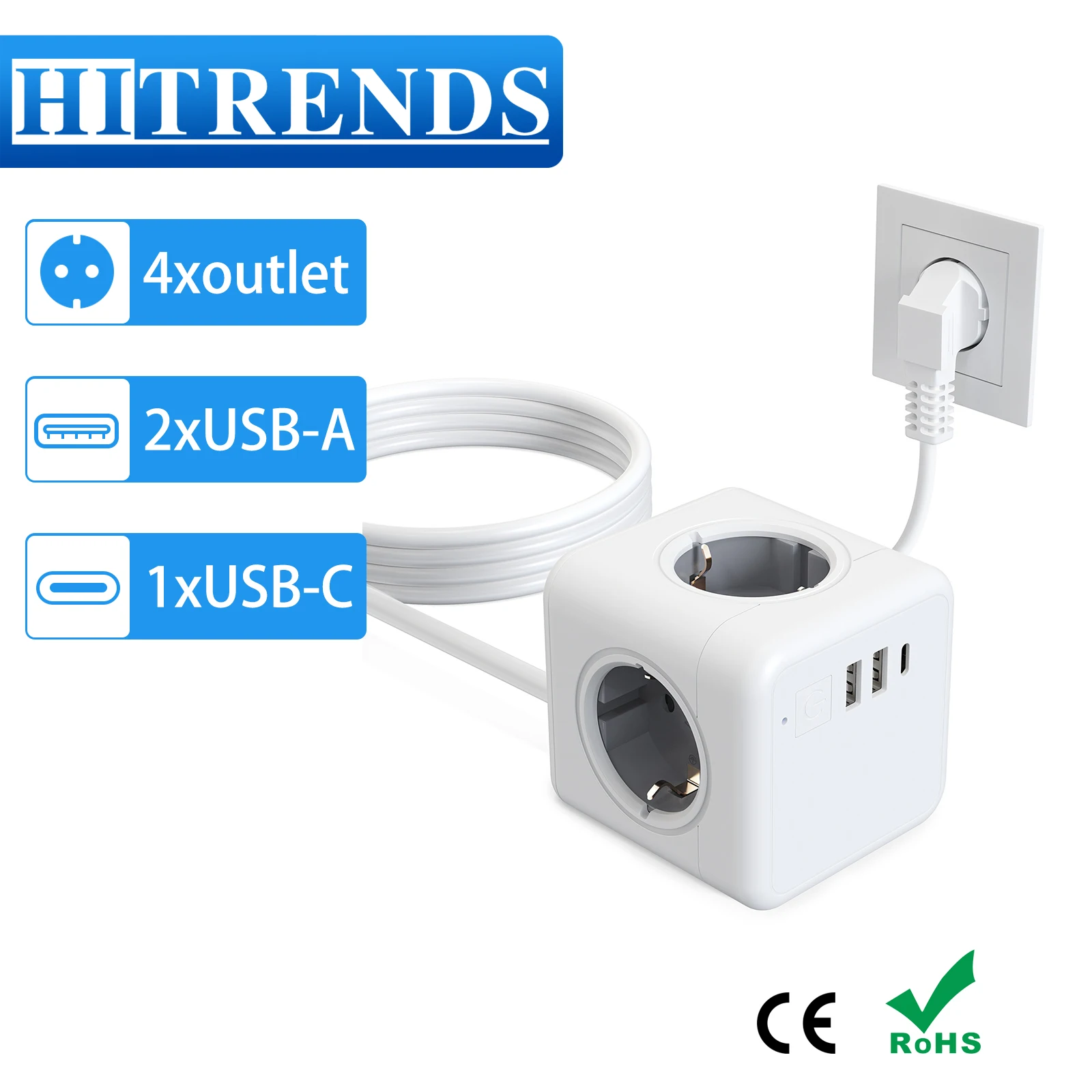 

Multi Plug EU Power Strip Electrical Socket Cube with 4 AC Outlets 2USB 1 Type C Wall Extension Socket Adapter for Home Office