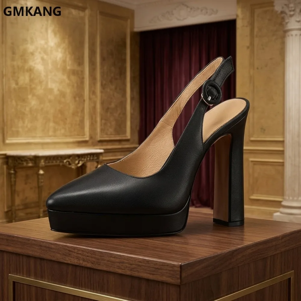 GMKANG Cowhide Platform Pointed Toe Sandals, Block Heel Back Strap Commuter Heels, Summer Closed Toe Office Dress Shoes