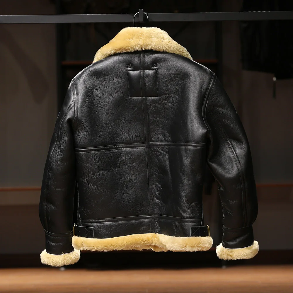 Winter super warm casual Navy Air Force B3 flight suit fur one men lapel multi label sheep shearling sheepskin leather coat tops