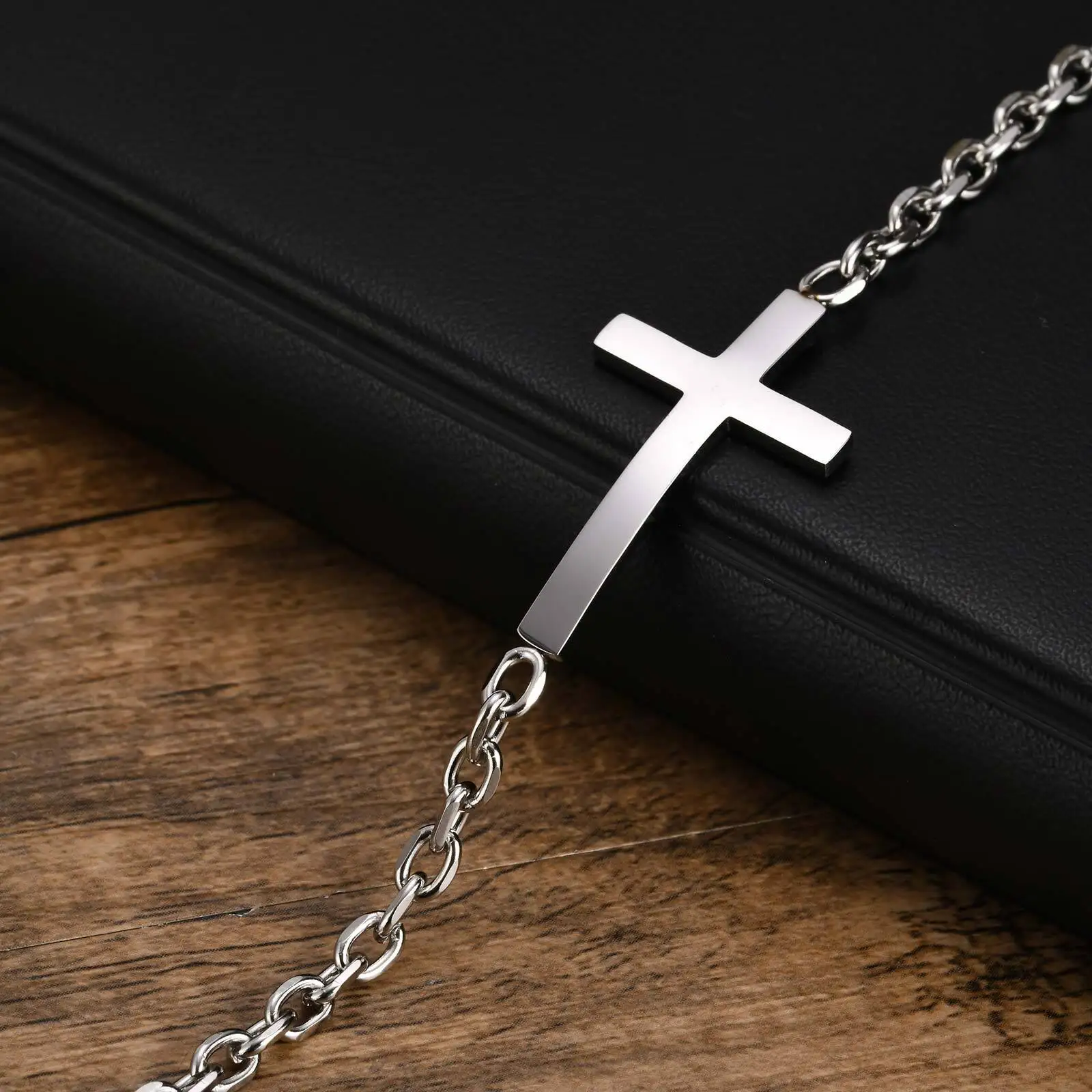 Męskie bransoletki krzyżowe Vnox ze stali nierdzewnej, regulowana opaska z łańcuszkiem Rolo Link, biżuteria Christ Faith Gift