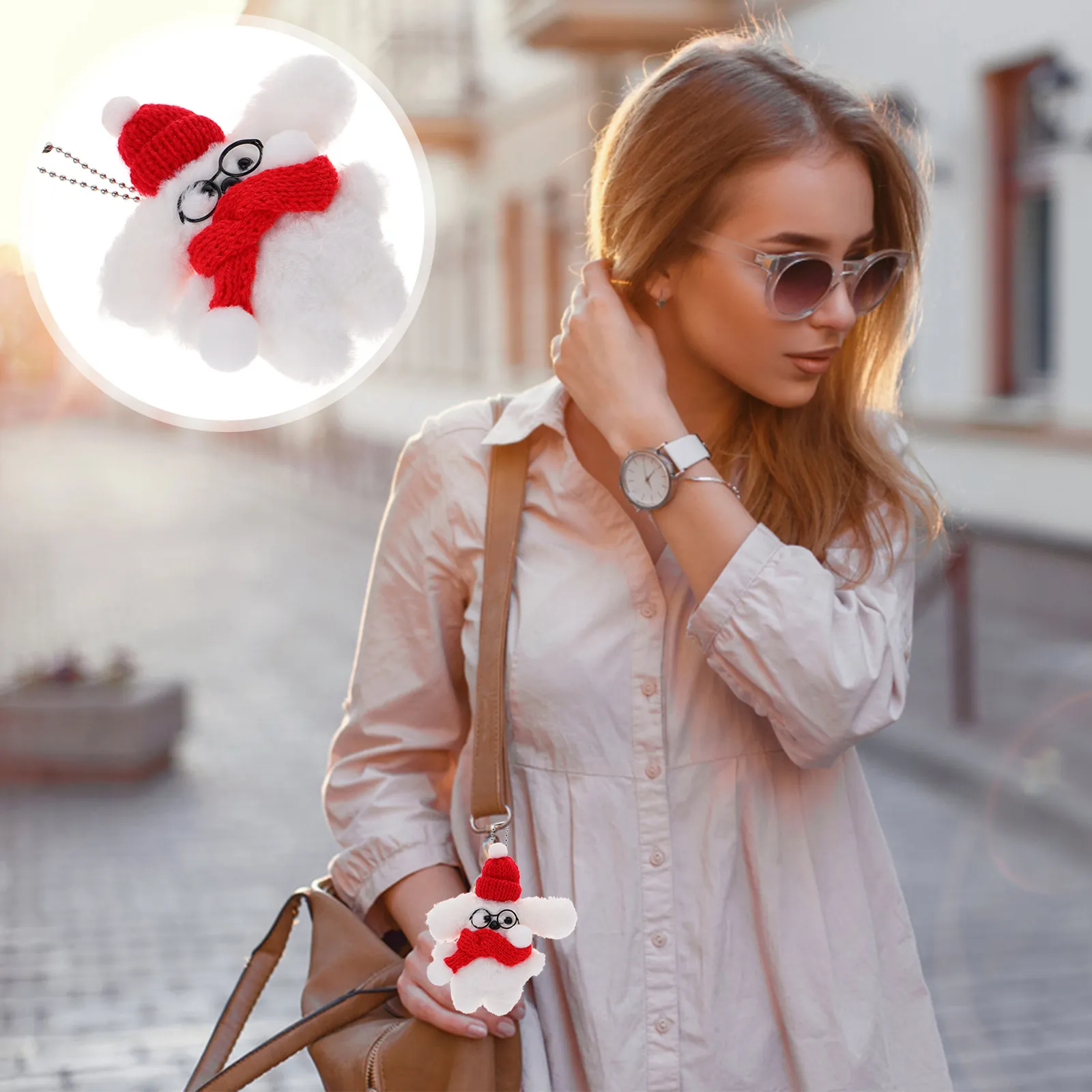 

Scarf Glasses Stuffed Dog Pendant Keychain Bag Charm Christmas Party Decoration Cute Pet Accessory for Women Men Backpack Purse