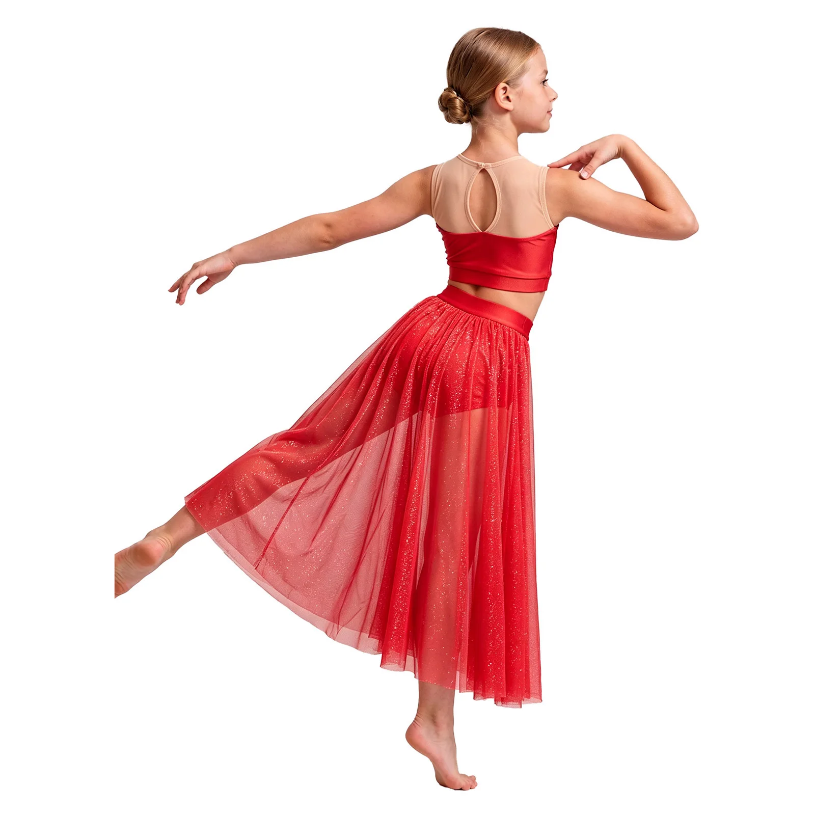 Kids Girls Modern Lyrical Dance Skating Gymnastics Acrobatics Outfit Crop Top with Shimmery Mesh Skirt Built-in Shorts Dancewear