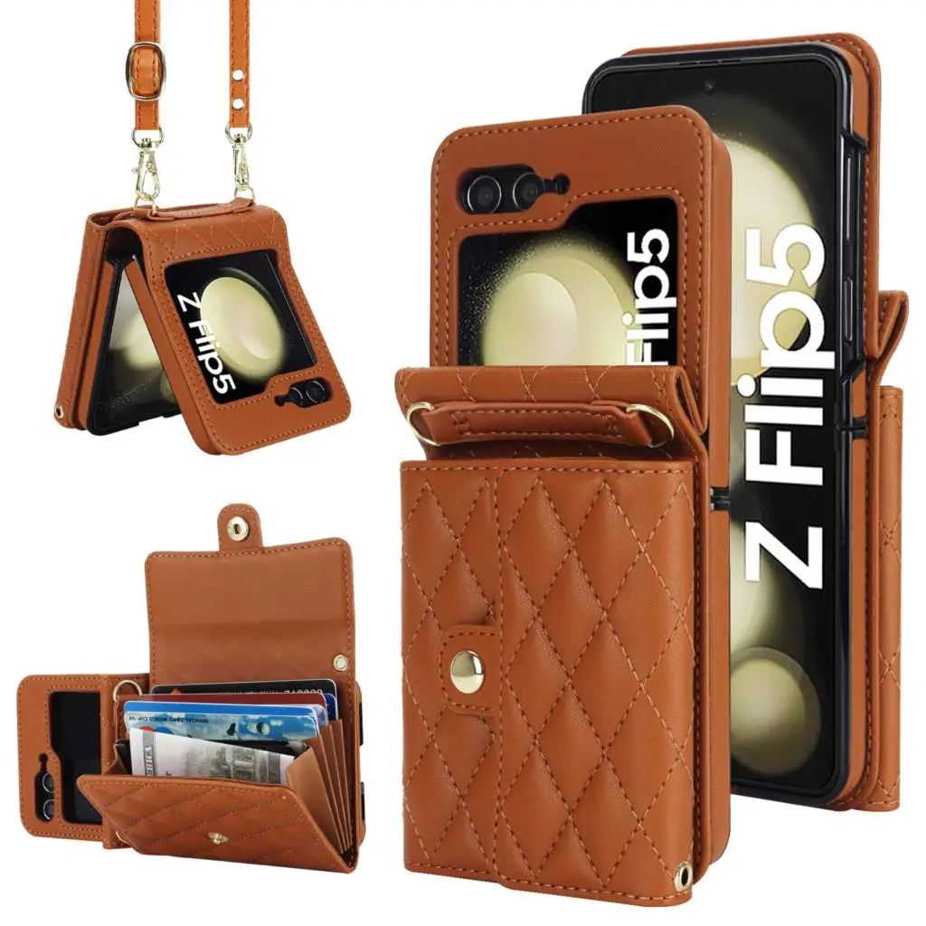 

Women's Leather Crossbody Phone Shell for Samsung Z Flip5 4 3 Multi-card Slot Design of Organ Portable Mini Bag for ZFlip5